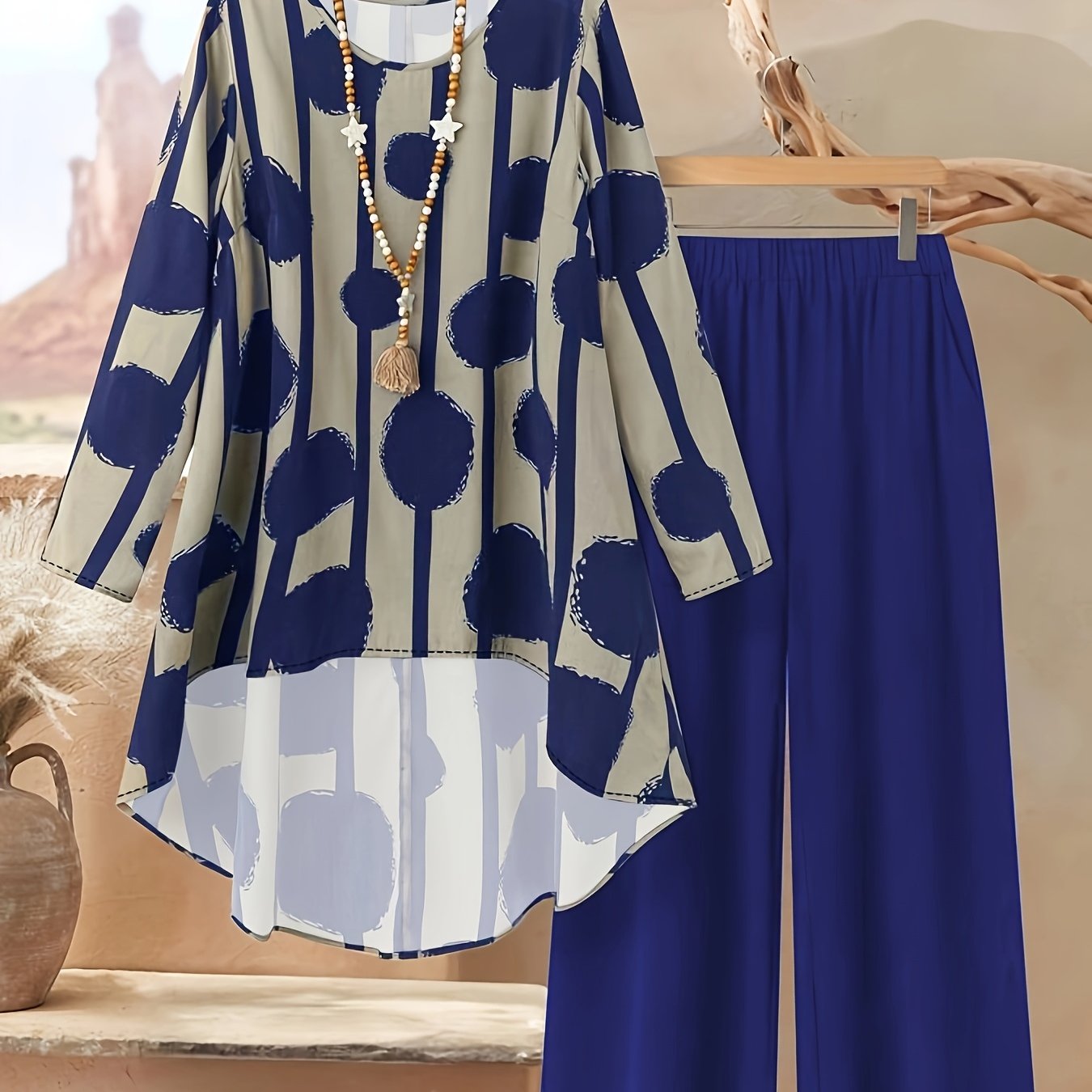 Plus Size, Women's Plus Size Printed Elegant Loose Long Sleeve Top and Pants Set