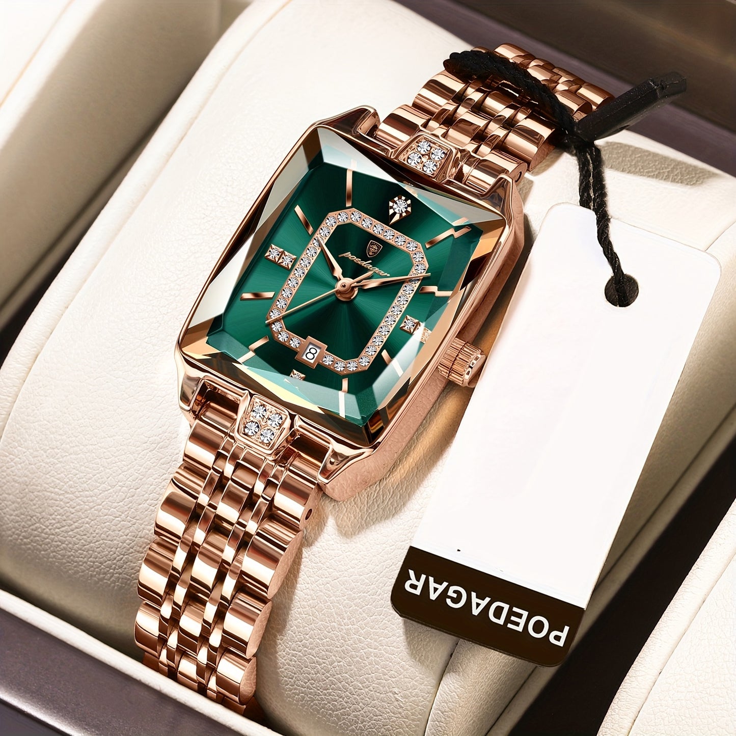 POEDAGAR Elegant Women's Quartz Watch - Rose Golden Stainless Steel, (3ATM), Square Dial with Gemstone Accents, Date Display, Luxury Fashion Accessory for Casual or Formal Occasions