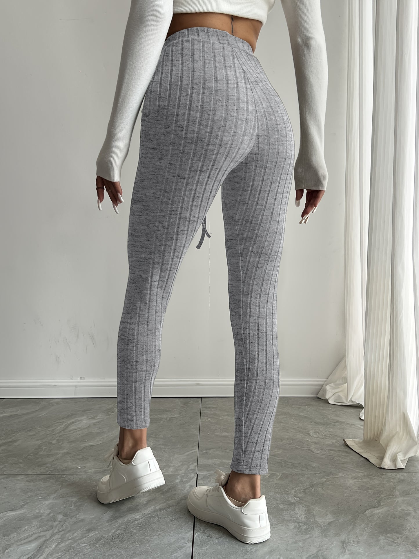 High-Waisted Drawstring Skinny Knitted Pants For Everyday Wear - Solid Color Women's Casual Clothing
