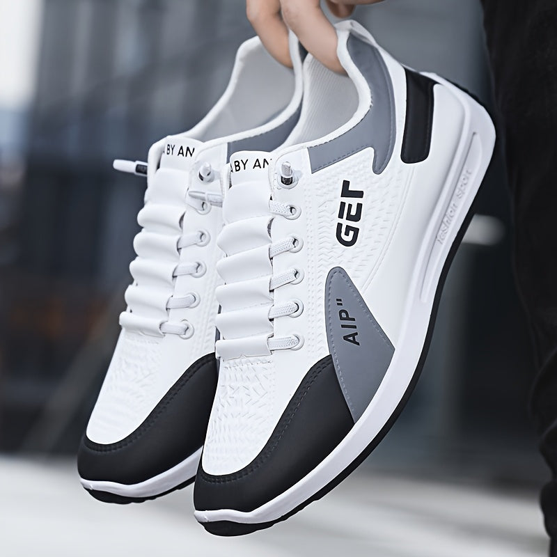 Men's White/Grey/Black Casual Sneakers - Low-Top Lace-Up Shoes with Cushioned Rubber Sole, PU Upper & Fabric Lining - Lightweight Everyday Walking Shoes for Gym, Office, Travel - Minimalist Athletic Footwear, Shoes Sneakers,