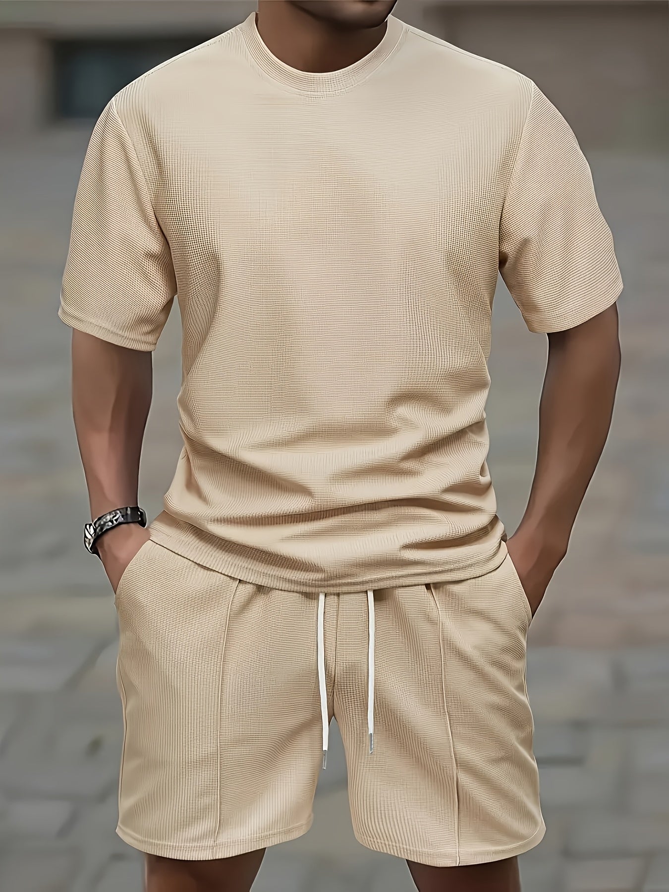 European and American Style Men's Basic Solid Color Set Round Neck Short Sleeve T-Shirt + Shorts Two-Piece Suit