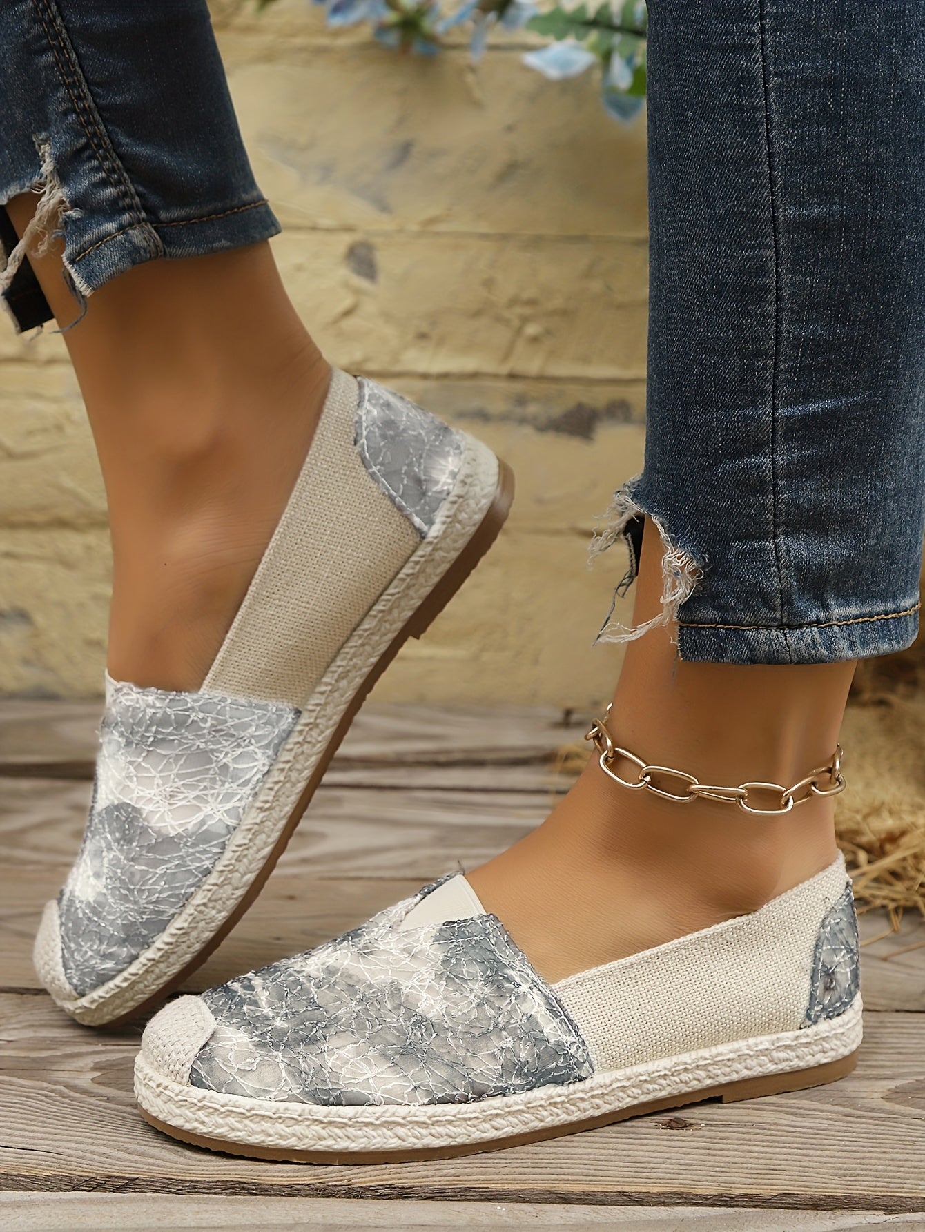 Women's Breathable Slip-On Loafers - Soft Sole Casual Walking Shoes, Lightweight & Comfortable, Beige Floral Pattern Fabric Upper, PU Cover Sole, Perfect for Casual Attire, Allseason Loafers | Slipon Comfort | Soft Sole Shoes