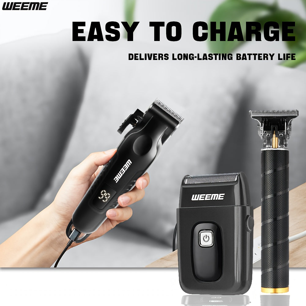 WEEME Men'S Grooming Three-Piece Set Multifunctional Electric Clipper Trimmer with Alloy Stainless Steel Blade Three-Speed Adjustment USB Fast Charging LCD Power Display Ultra-Long Battery Life Essential for Home Travel Car B