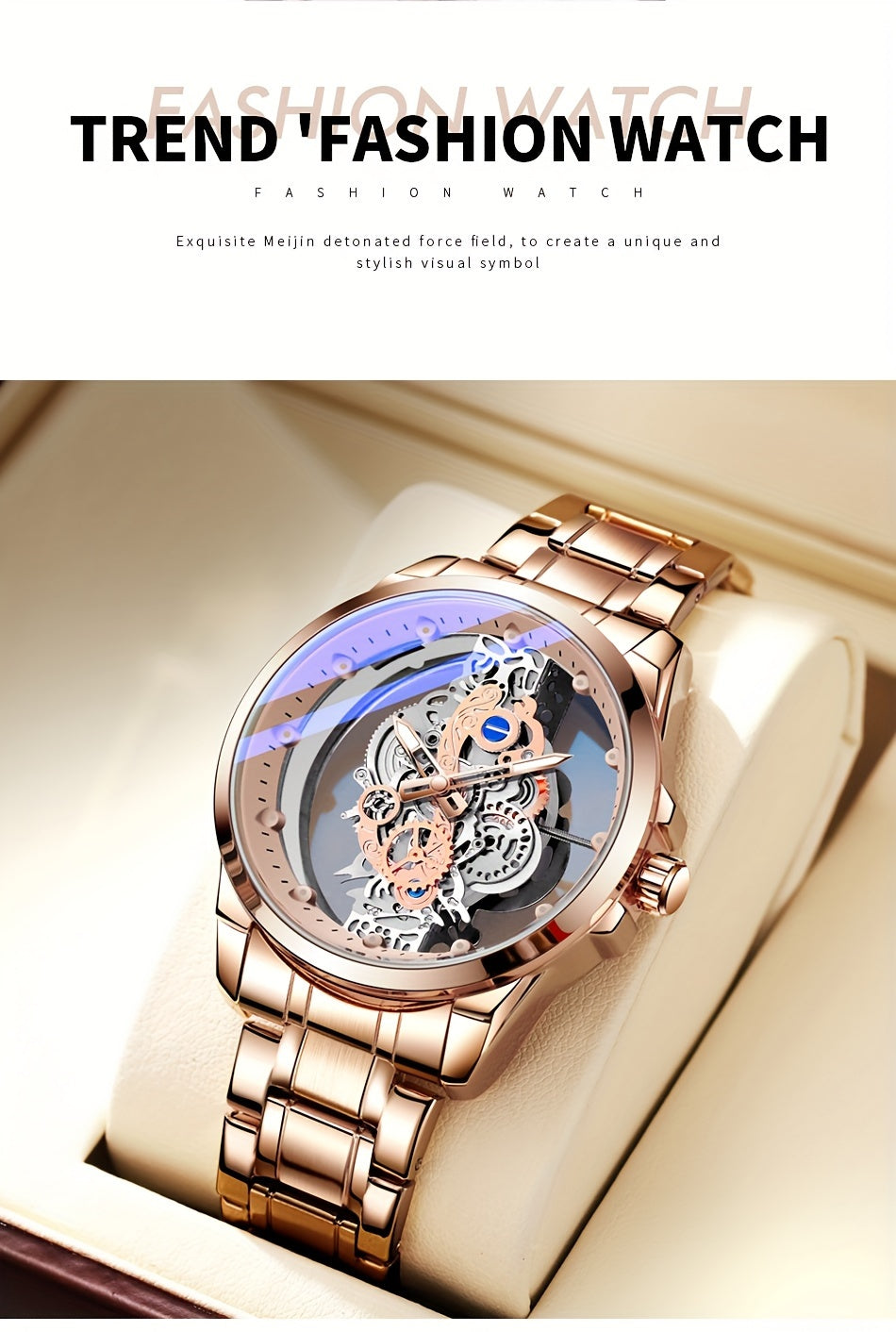 TPW Men's Rose Golden Skeleton Luminous Quartz Watch - Glamorous Luxury Wristwatch with Exposed Movement, Comfortable Metal Band, Father's Day Gift for Him, Luxury Men's Watch | Romantic Watch Design | Rose Golden Finish