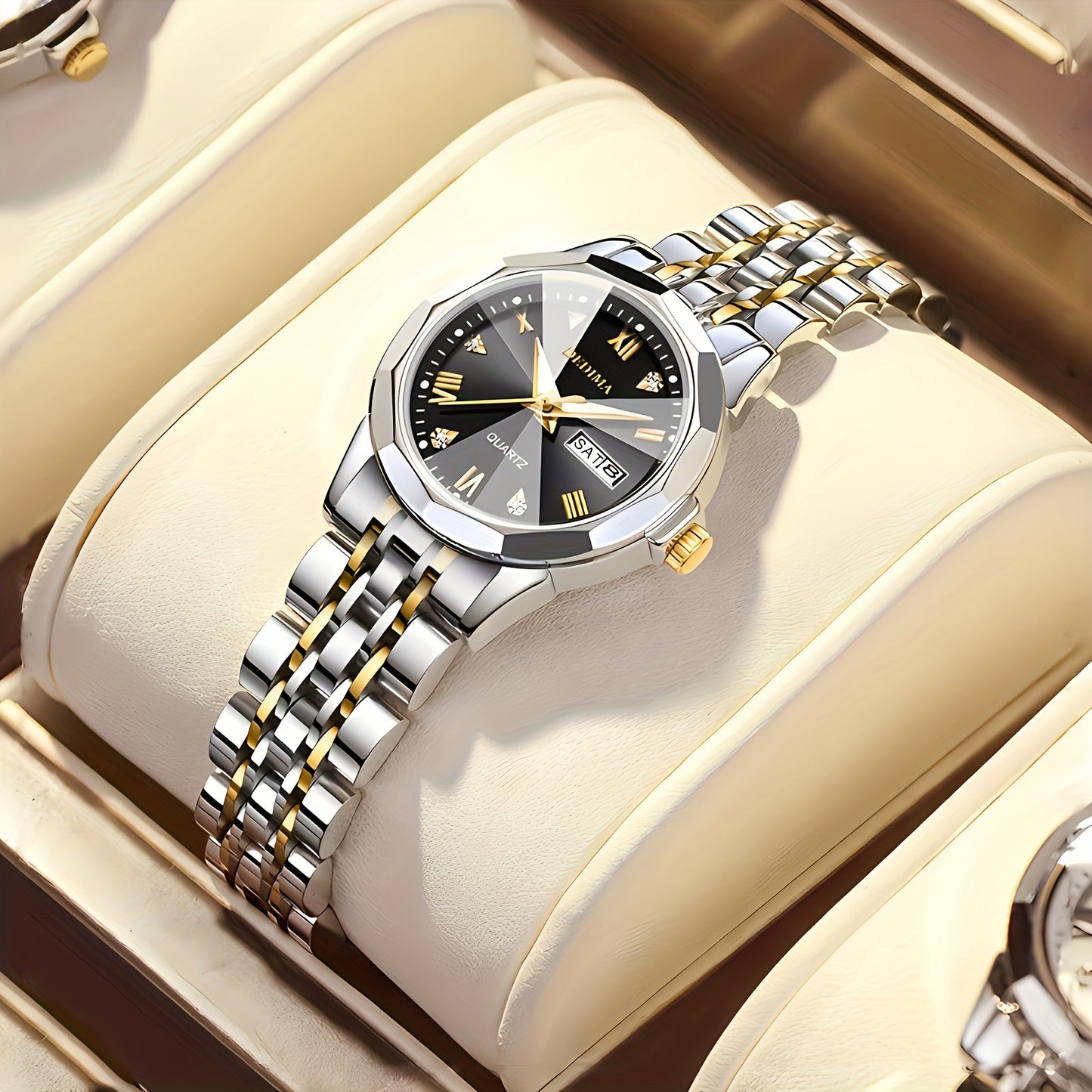 DEDIMA Women'S Luxury Stainless Steel Watch - Elegant Rhombus Design with Roman Numerals, Double Calendar, and Multifunctional Steel Strap
