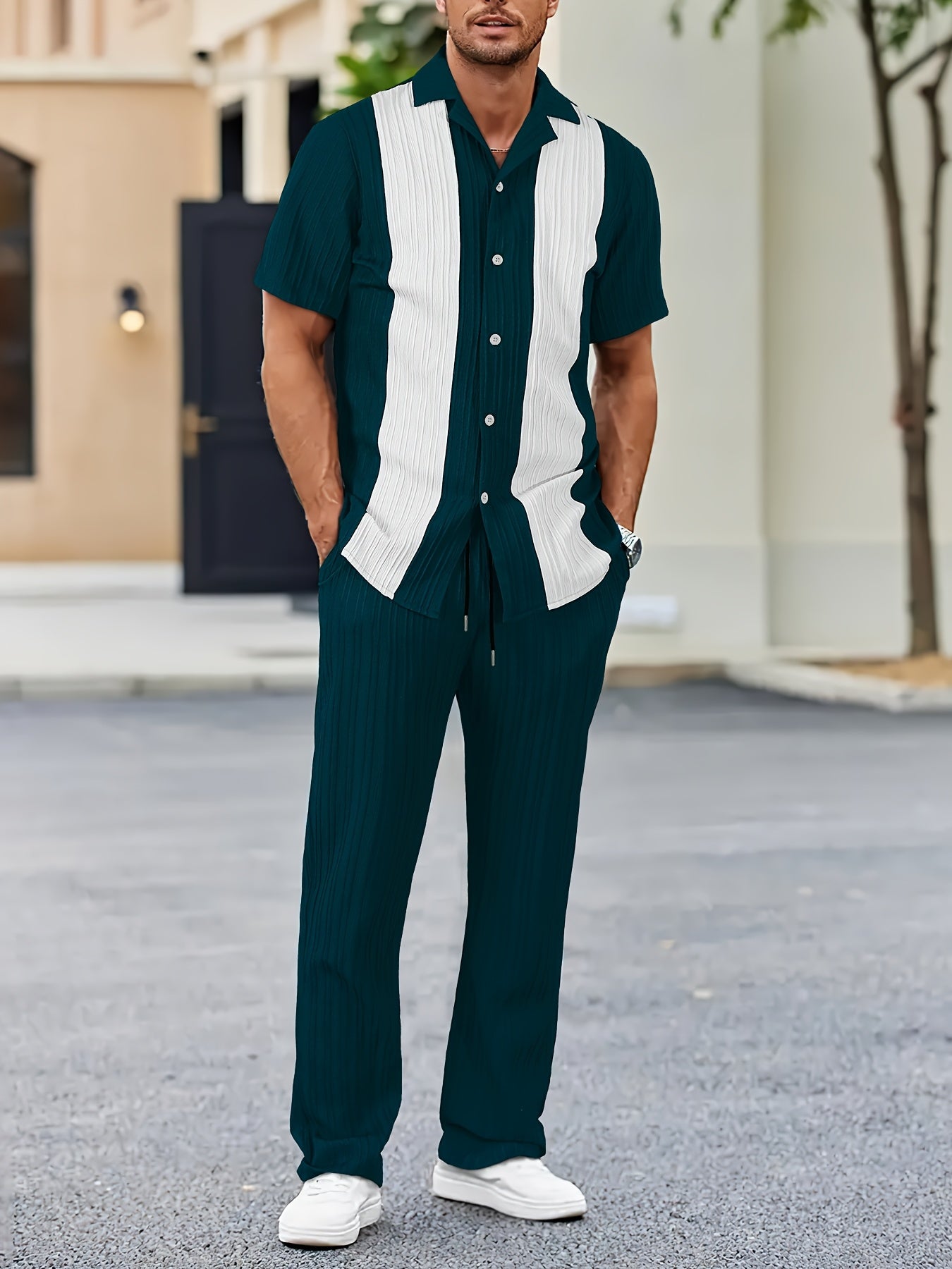 Men'S Color Block French Stripe Short Sleeve Shirt and Pants Set - Casual Button-Up Blazer with White Stripes, Dark Green Pants, Regular Fit for Casual Attire, Versatile Menswear | French Stripe Design | Nonstretch Fabric
