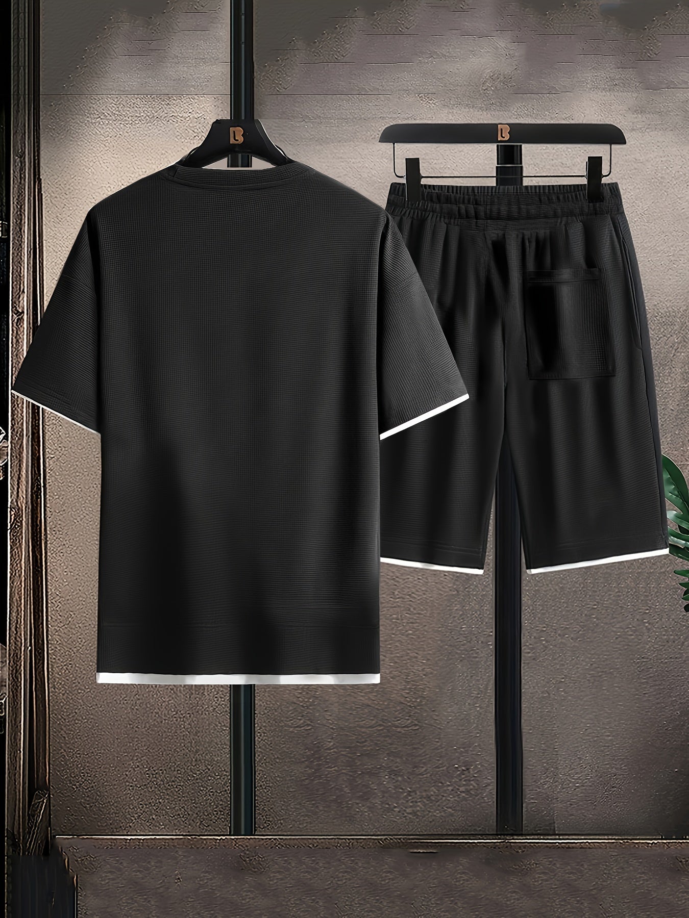 Waffle Grid Men's Trendy Round Neck T-shirt Breathable Casual Sports Suit Loose Two-Piece Set