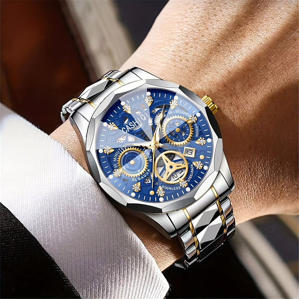 CASHIQI Brand Men'S Steel Strap Quartz Watch with Rhombus Dial, Sparkling Decoration, Calendar, And Luminous Display, IPX7 Waterproof Hollow Quartz Watch for Business, Travel, And Casual Wear - A Perfect Gift Choice.