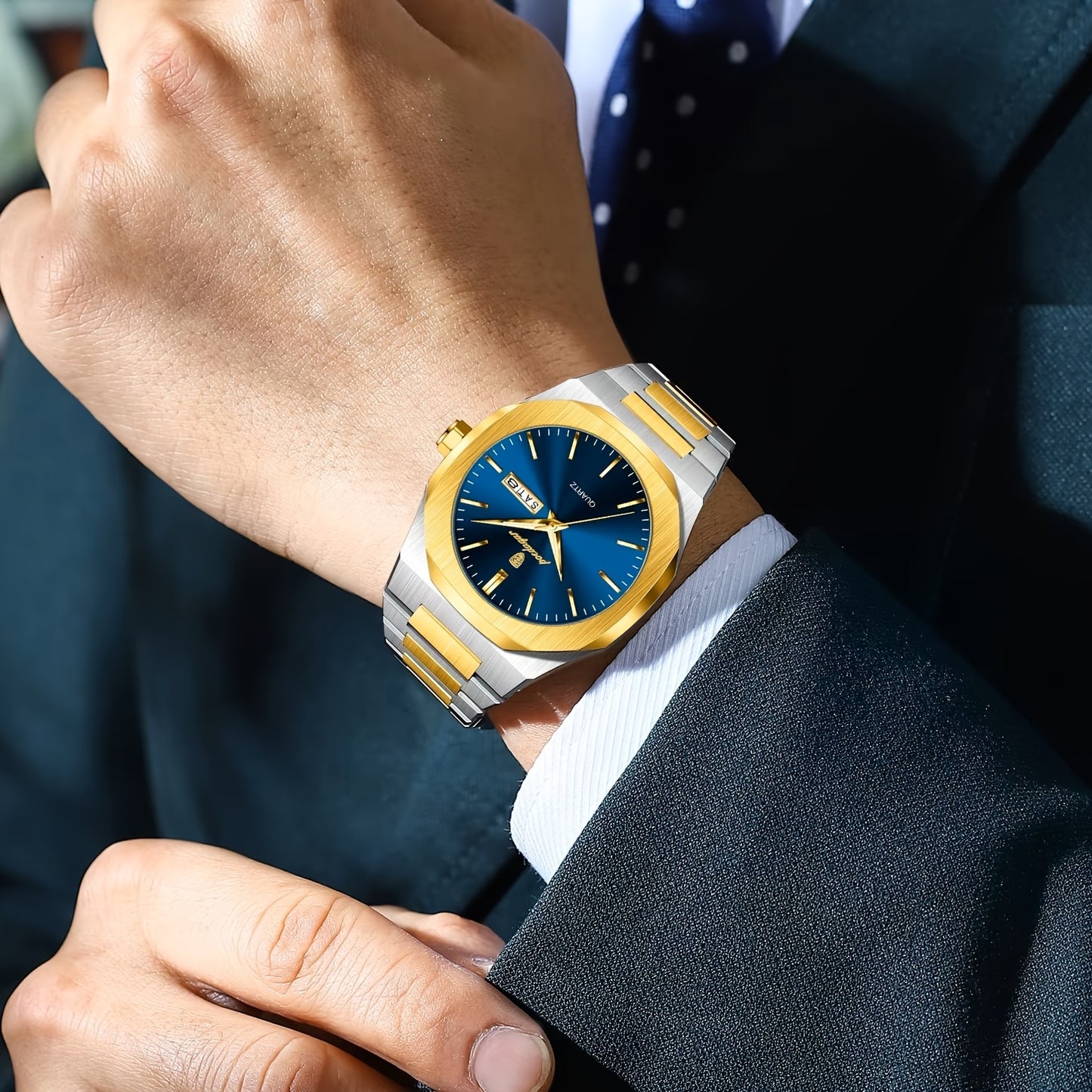 POEDAGAR Men'S Luxury Quartz Watch - Waterproof, Luminous Calendar, Stainless Steel Band, Business Style, Blue & Golden Accents, 3ATM, Non-Rechargeable Button Battery, Perfect for Spring Festival & Valentine'S Day Gifts
