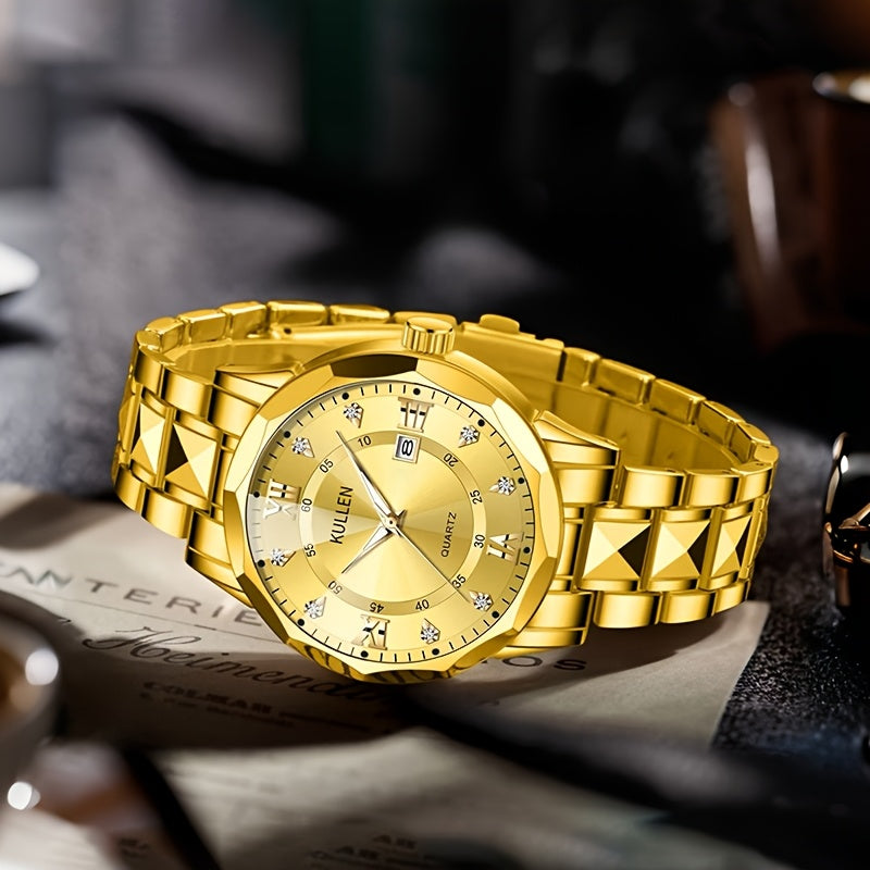 Men's Stylish Business Quartz Watch with Stainless Steel Strap & Alloy Case, Round Blue Dial with Golden Accents – Elegant Analog Display for Formal Occasions, Valentine's Day, Thanksgiving, and Ramadan Gifts