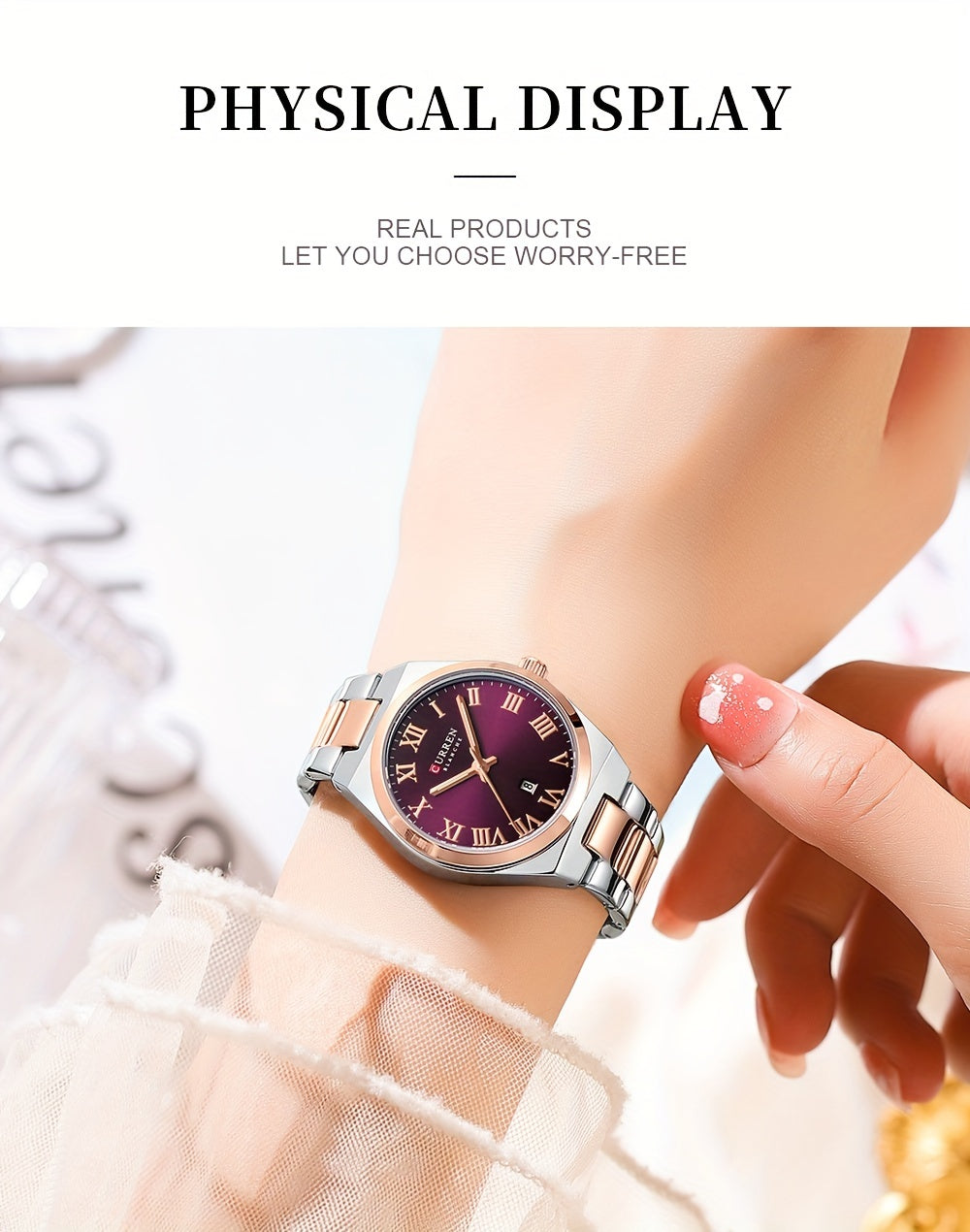 Fashionable Brand Of CURREN Ladies' Watches With A Casual And Simple Stainless Steel Strap, Featuring A Calendar And Quartz Movement.