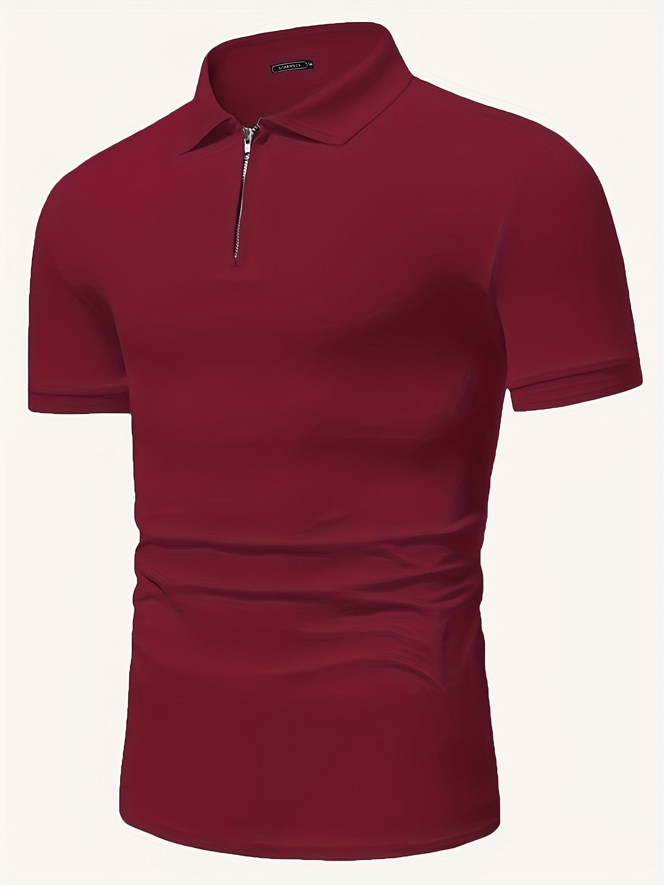 Casual Stretch Men's Solid Color Zipper Lapel Golf Shirt, Male Summer Streetwear