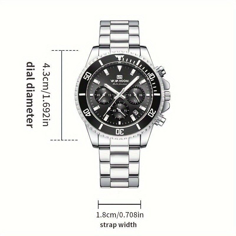 VA VA VOOM Men's Sport Watch with 3D Large Dial, Stainless Steel Band, 24Hr Chronograph, Dual Time, Calendar, Stopwatch & High Quality - Quartz Movement for Gym, Outdoor, Business Casual - Ideal Gift, Outdoor Timing Tool, Sle