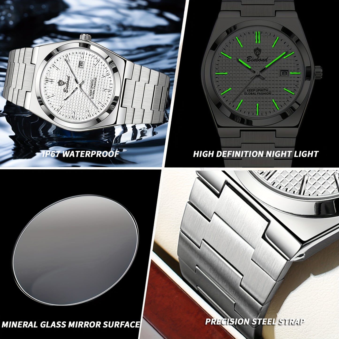 BINBOND Men's Classic Waterproof Quartz Watch with Stainless Steel Band, Luminous Dial & Date Feature - Perfect for Business or Casual Wear, Cool And Handsome Style