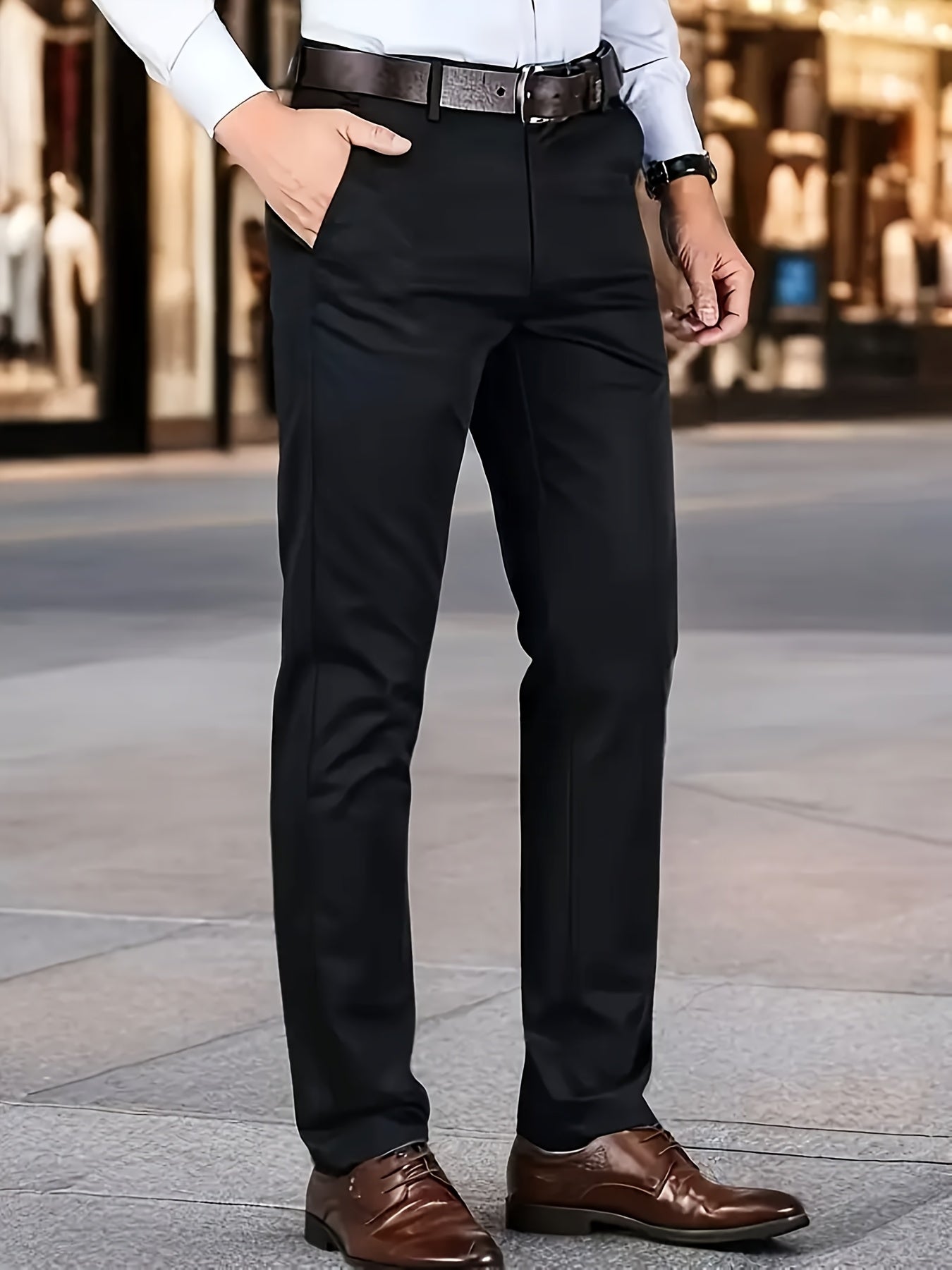 Men's Classic Business Dress Pants, Solid Color Casual Trousers, 100% Polyester, Regular Fit, with Zipper Fly, for Daily Wear and Gifting, All-Season, Allseason Trousers | Notch Lapel Design | Polyester Trousers