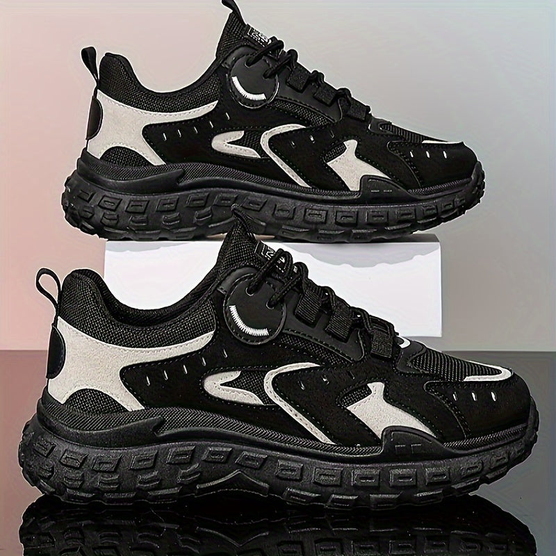 Men's Trendy Chunky Sneakers - Breathable Mesh & PU Upper, Durable PVC Sole, Lace-Up Casual Sneakers in Gray, Black & Orange, All-Season Comfort for Casual Attire