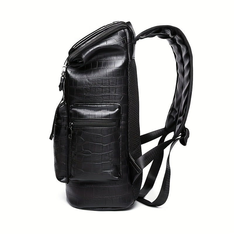 Unisex Backpack with Crocodile Texture, Large Capacity, Anti-Theft, Multi-Compartment, Fits 14-inch Laptop, Casual Travel & Business Commute, Minimalist Style, No Battery - Black