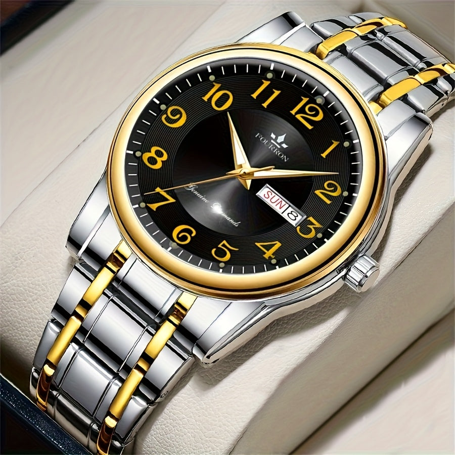 FOURRON Men's Quartz Watch - Trendy and Fashionable Appearance Stainless Steel Band with Luminous & Date Display, Ideal Gift for Birthdays & Holidays, Sunday Calendar Display, Multifunctional Watch, Casual Fashion, Gift for R