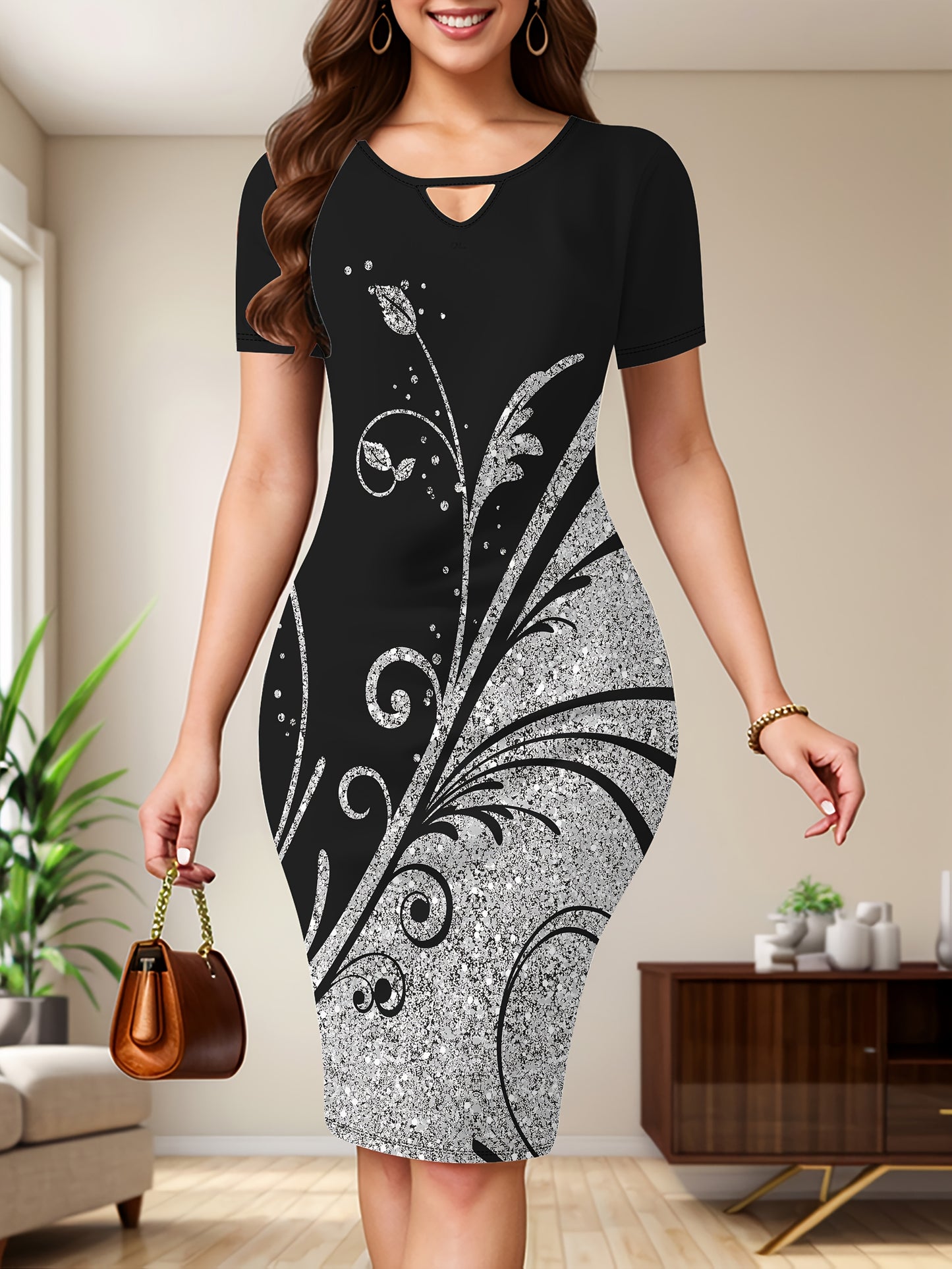 Women's Round Neck Short Sleeve Sports Dress with Butterfly Branch and Leaf Print for Festival Celebration and Outdoor Vacation
