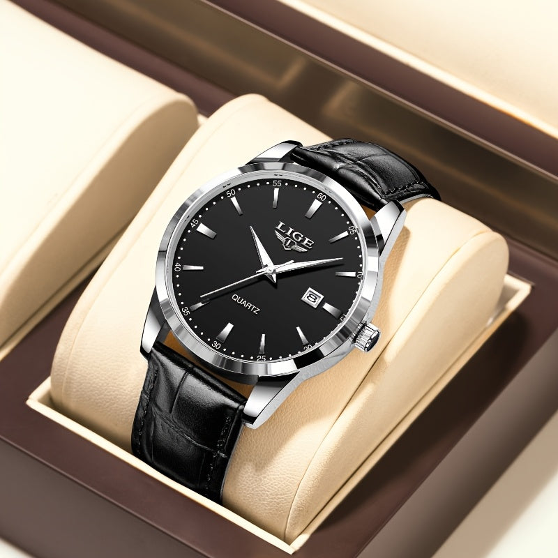 A Stylish Timepiece By LIGE Featuring A Blend Of Business And Casual Design, With A Faux Leather Strap, Alloy Case, And A Non-rechargeable Battery.