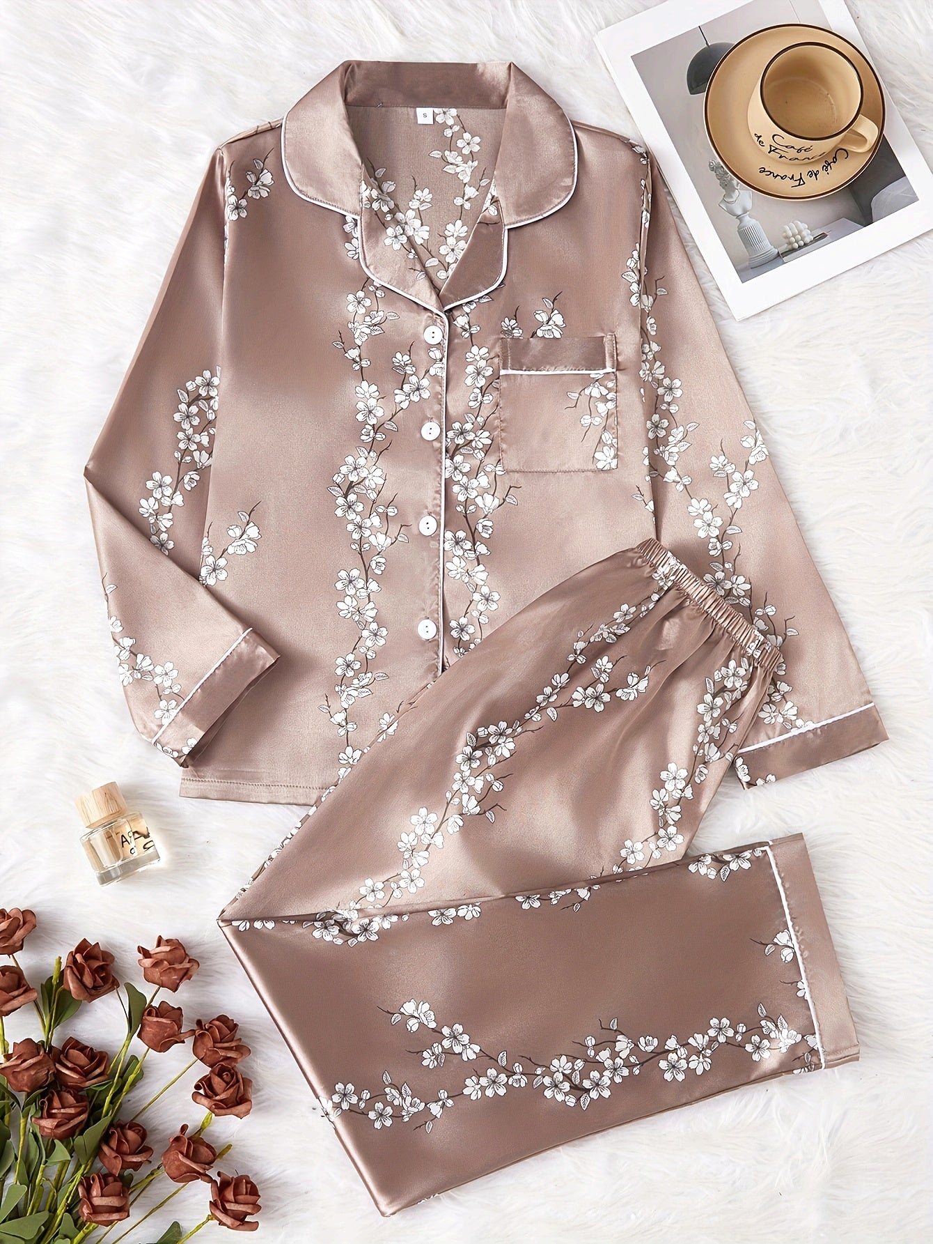 Women'S Vintage Elegant Floral Print Satin Pajama Set, Long Sleeve Top and Pants, Polyester 97% Elastane 3%, Lapel Collar, Woven, 90gsm, Fall/Winter Sleepwear
