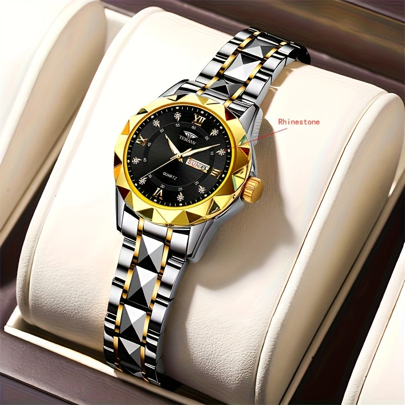 1pc Women's Stainless Steel Watch with Luminous Blue Dial, Date & Day Display, High Quality IPX7, Quartz Movement - Casual Elegant Design for Sports & Travel, Birthday Holiday Gift, Casual Attire, Secure Clasp Wristwatch