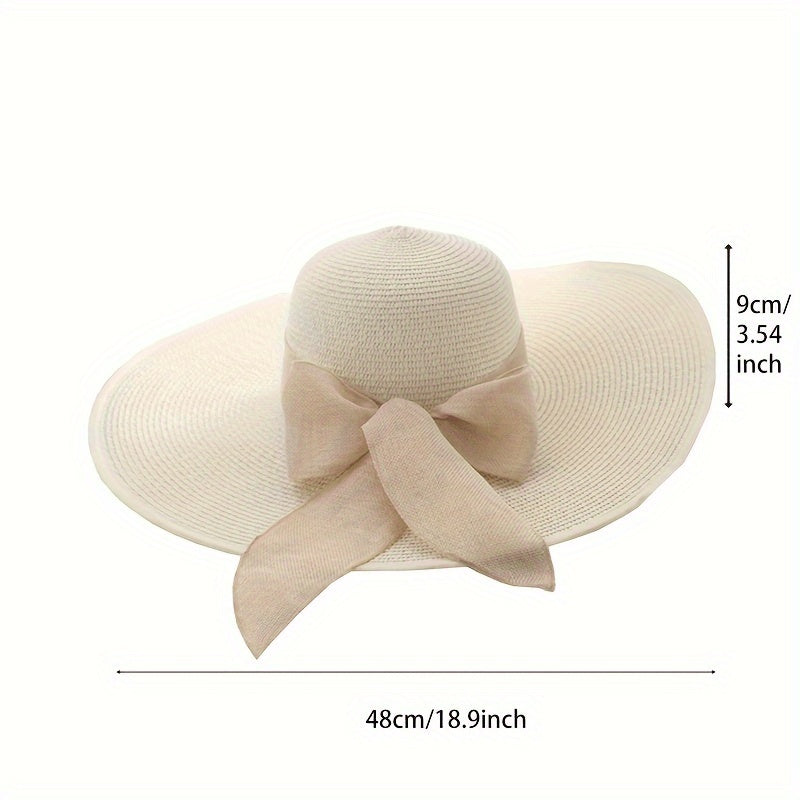 Chic Wide Brim Straw Sun Hat for Women - Summer Beach & Travel Cap with Adjustable Drawstring, Breathable Paper Material