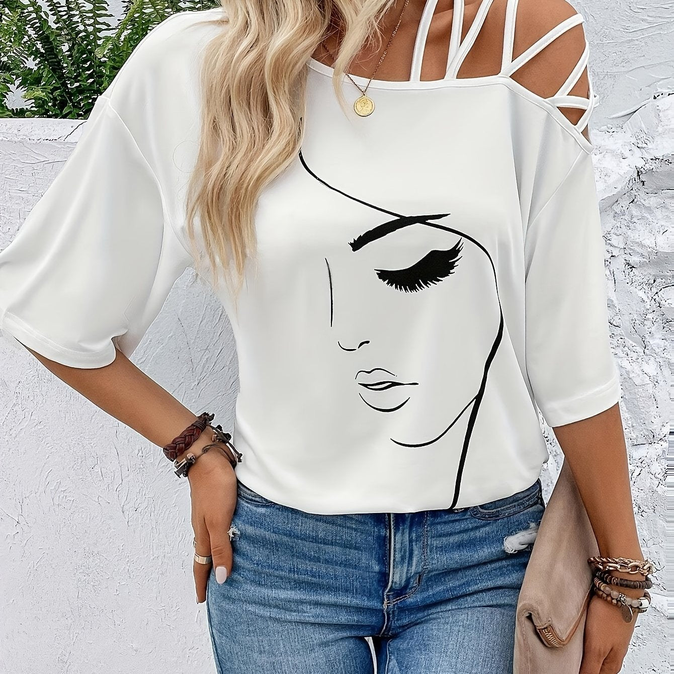 Women's Off-Shoulder Graphic Tee - Stretchy Polyester Blend, Short Sleeve, Cross-Strap Detail, Elegant Face Line Art Print, Casual Vacation Style, Machine Washable