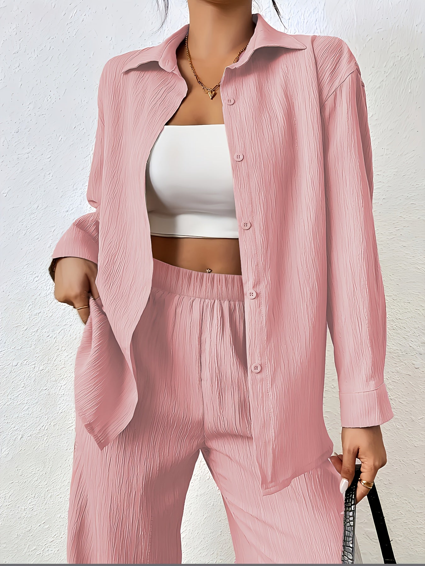 Women'S Casual Solid Color Long Sleeve Shirt + Long Pants 2pcs Set for Spring And Autumn.