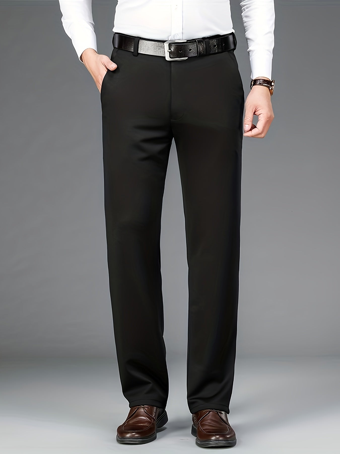 Men'S Classic Black Dress Pants - Nylon Blend, Straight Leg, Straight Leg Pants for Business Occasions