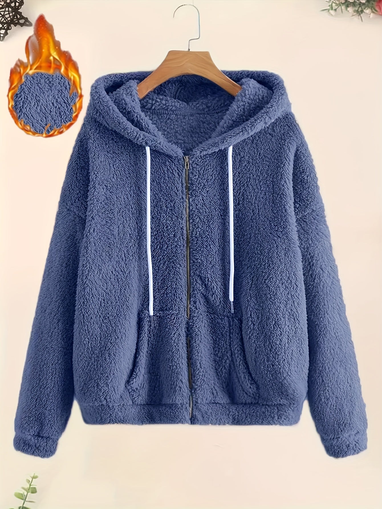 Cozy Fleece-Lined Hooded Jacket for Women - Casual Solid Color with Drawstring, Zip-Up Front, Long Sleeves - Perfect for Fall & Winter