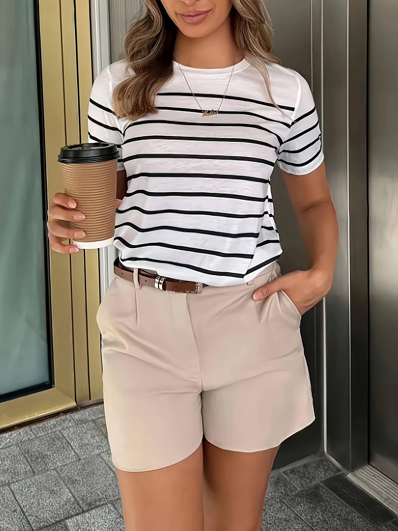 Women'S Y2K Green & White Striped T-Shirt - Casual, Versatile Top for Spring/Summer, Short Sleeve, Round Neck, Casual Attire | Casual Style | Glossy Finish