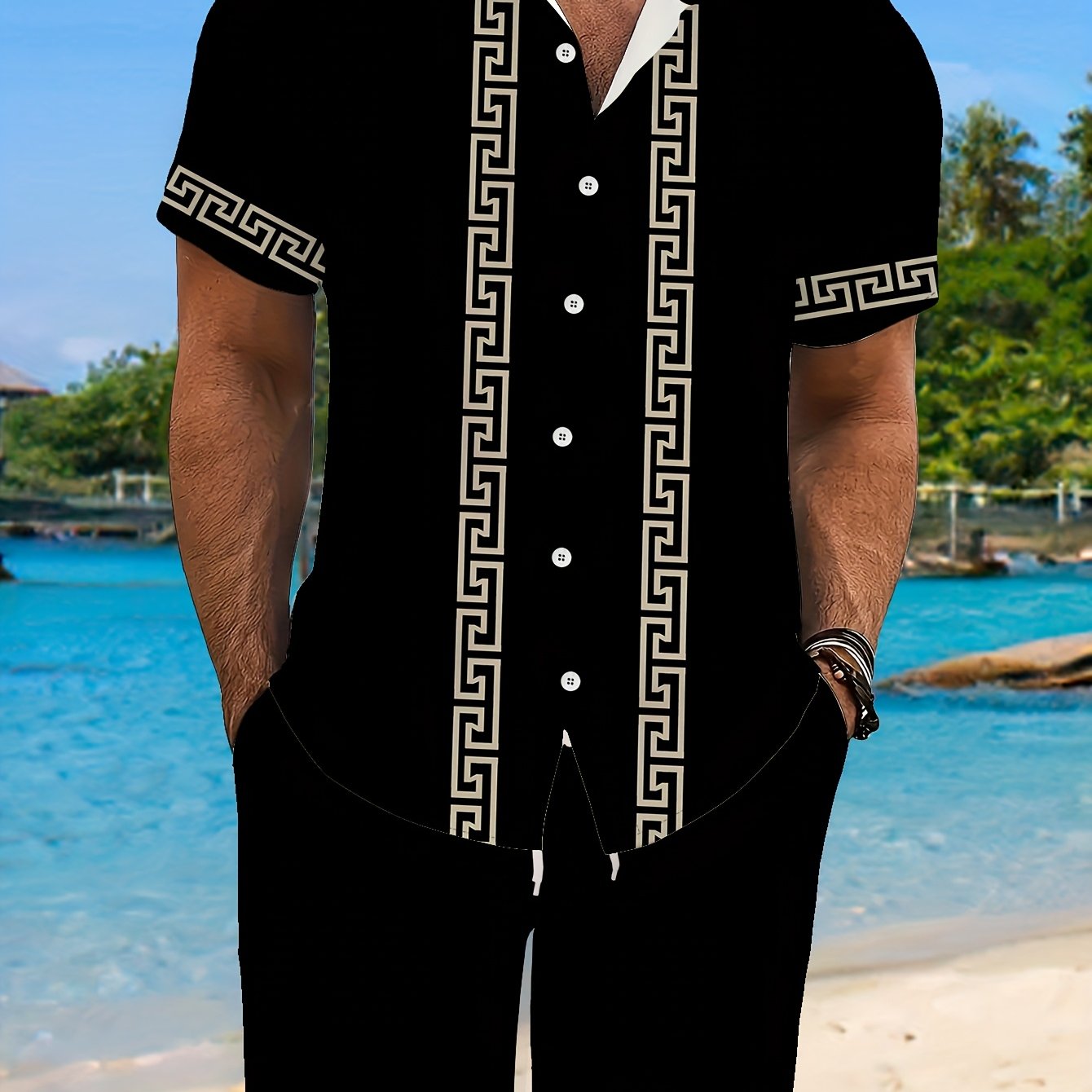 Men's Casual Summer Shirt Set, Elegant Black Silvery-Edge Pattern 3D Print, Loose Lapel Short Sleeve Shirt and Drawstring Shorts 2pcs