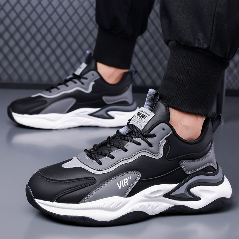 Men's Stylish Color-Block Sneakers - Black & Gray with White Accents, Comfortable All-Day Wear, Durable Rubber Sole, Lace-Up Design, Trendy Low-Top Style for Casual or Athletic Use, Casual Sneakers | Fashion Sneakers | Pu Mat
