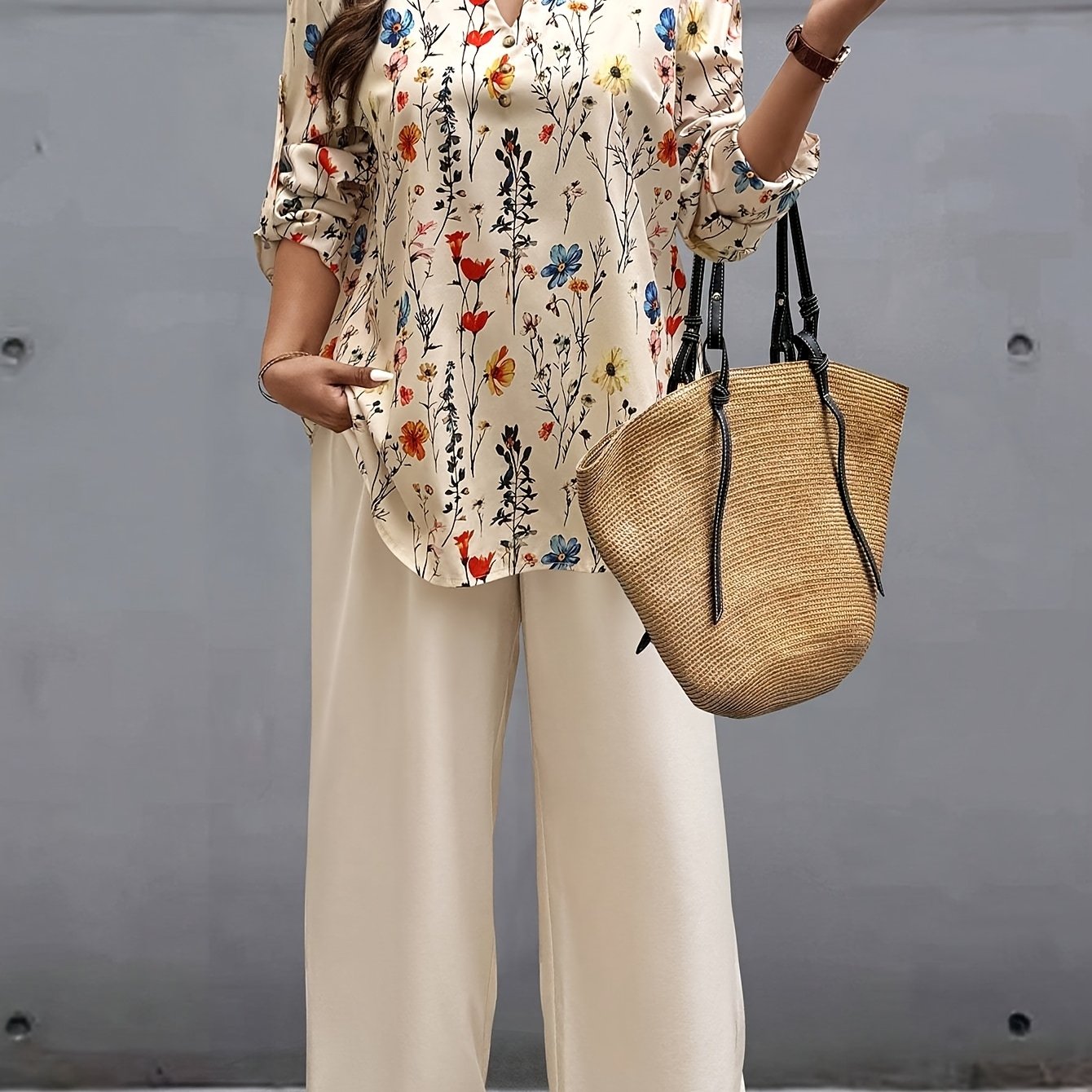 Plus Size, Oriented - Plus Size Women's Vacation Style Floral Shirt and Pants Set