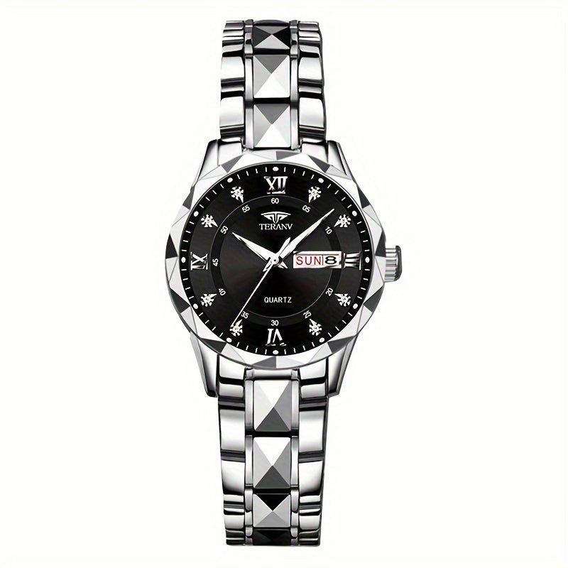 1pc Women's Stainless Steel Watch with Luminous Blue Dial, Date & Day Display, High Quality IPX7, Quartz Movement - Casual Elegant Design for Sports & Travel, Birthday Holiday Gift, Casual Attire, Secure Clasp Wristwatch