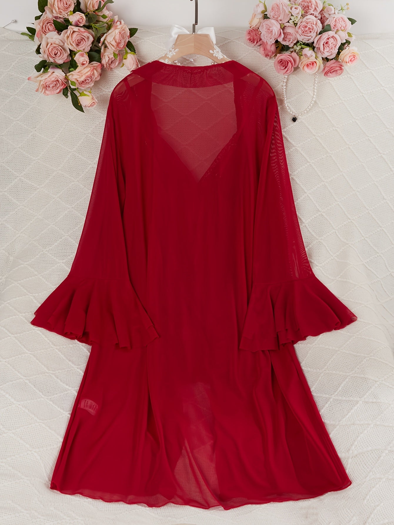 Sexy Mesh Semi-Sheer Strap+Cute Ruffle Long Sleeve Lightweight Mesh Outerwear Pajama Set