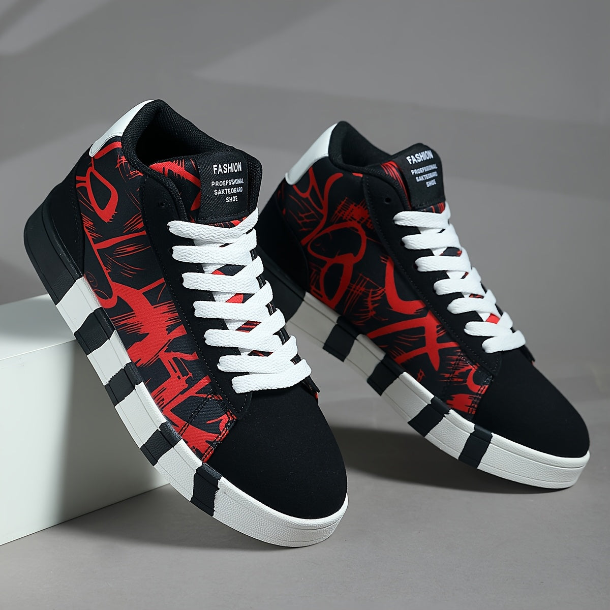 Women'S High-Top Casual Skate Shoes, Black and White Graffiti Design, Lightweight Fabric Lining, All-Season Rubber Sole Sneakers for Outdoor Sports and Hiking, Skate Shoes