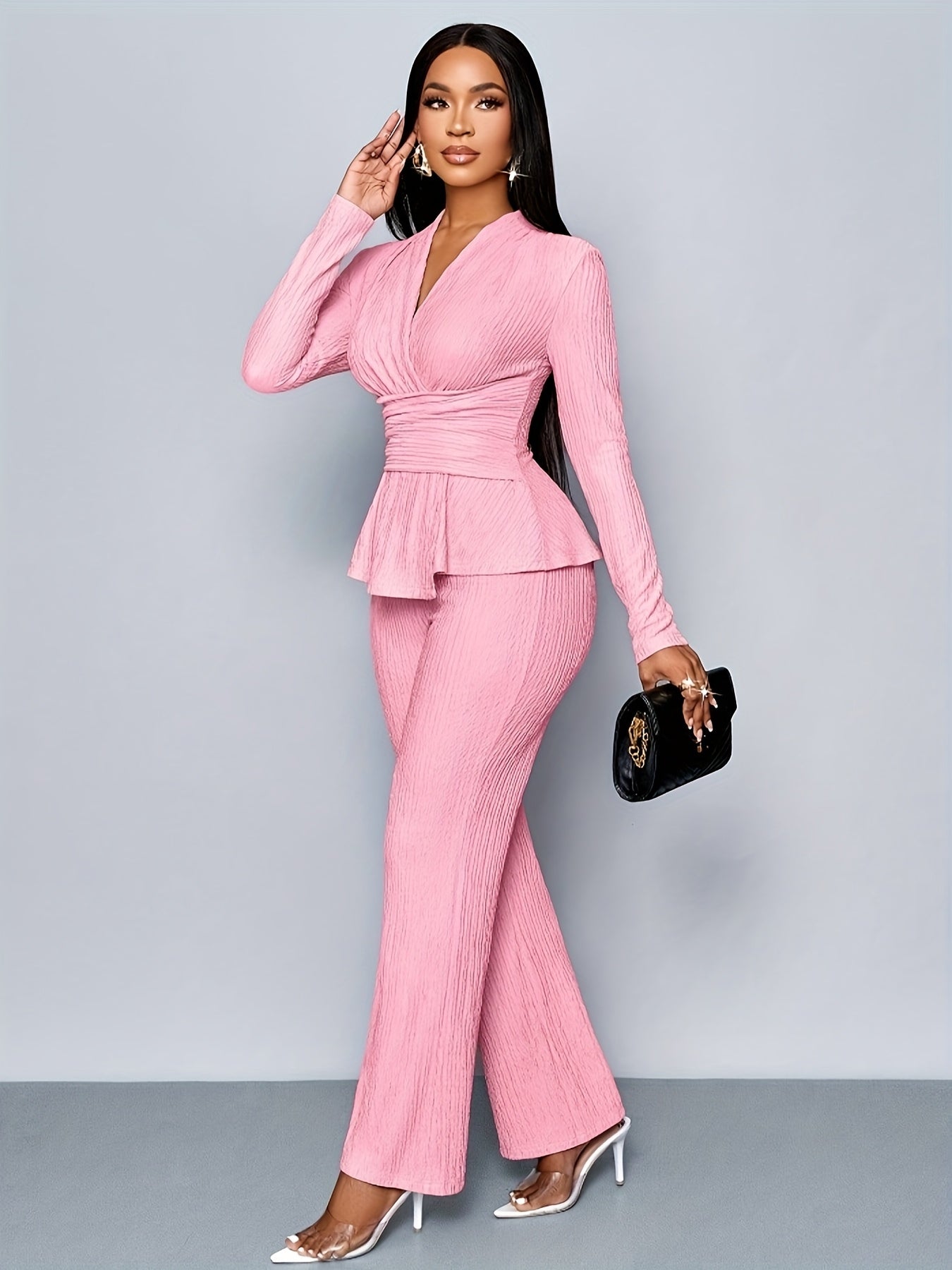 Elegant Women'S V-Neck Long Sleeve Top and Wide Leg Pants Two-Piece Set, Asymmetrical Hem Two-Piece Outfit for Casual Daily Wear, Winter Women'S Clothing
