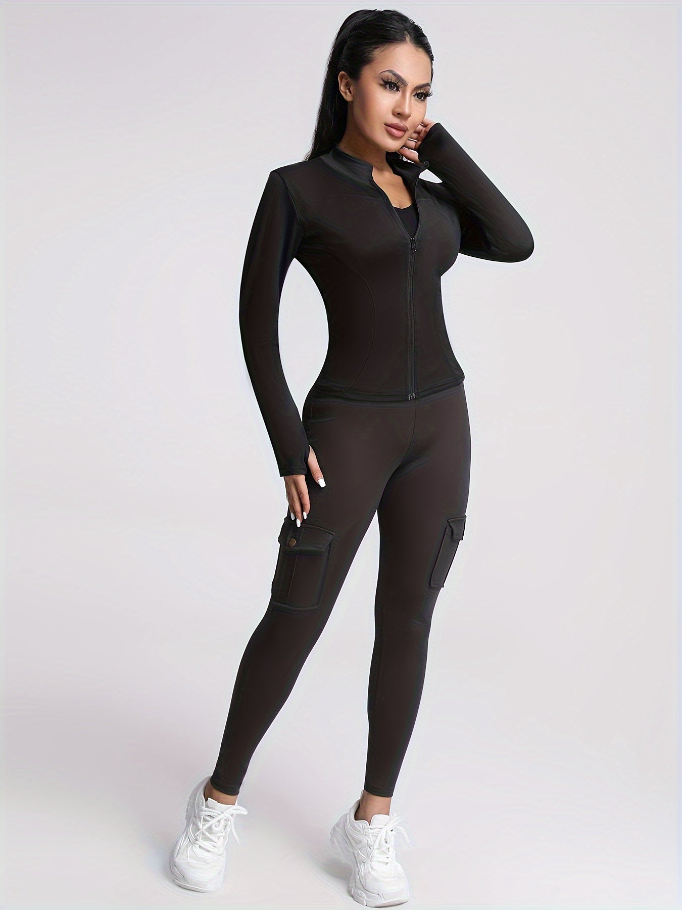 Women's Sleek Black Athletic Zip-Up Jacket - Comfortable Stretch Knit, Long Sleeve, Thumb Holes, Machine Washable - Perfect for Fitness & Casual Wear