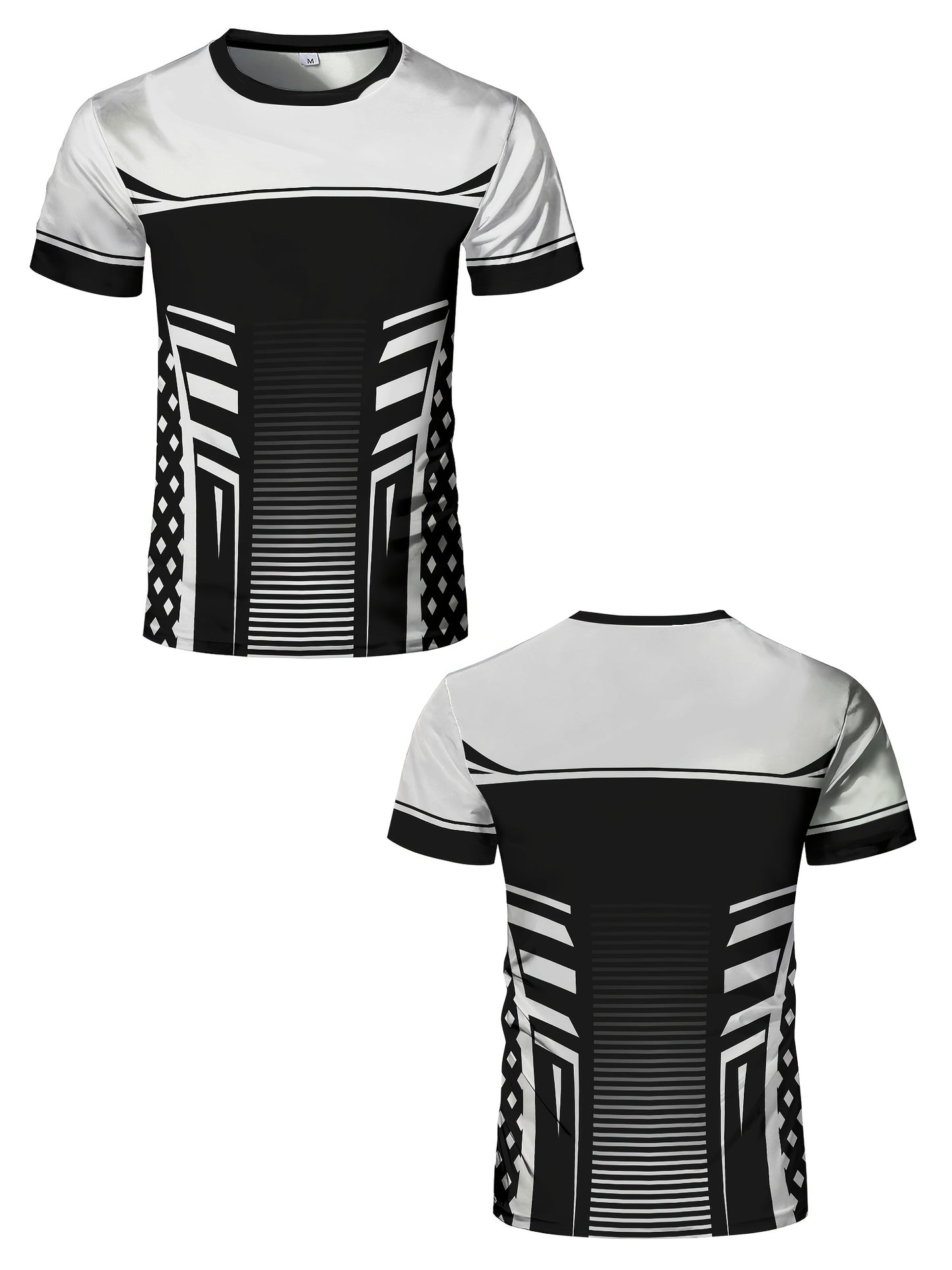 Geometric print high stretch skinny fit short sleeve crew neck T-shirt, quick-drying sports top for summer fitness, training and gym wear
