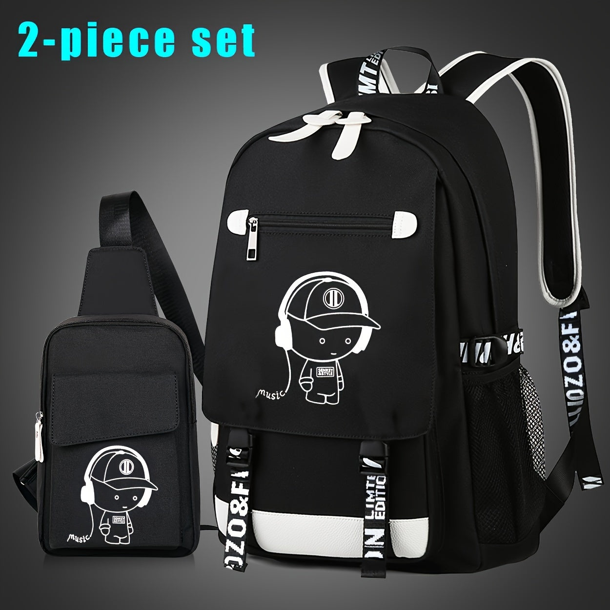 2pcs/set Luminous Men's Backpacks, Casual College Backpacks, Simple Cool Large Capacity Backpacks, Travel Computer Bag