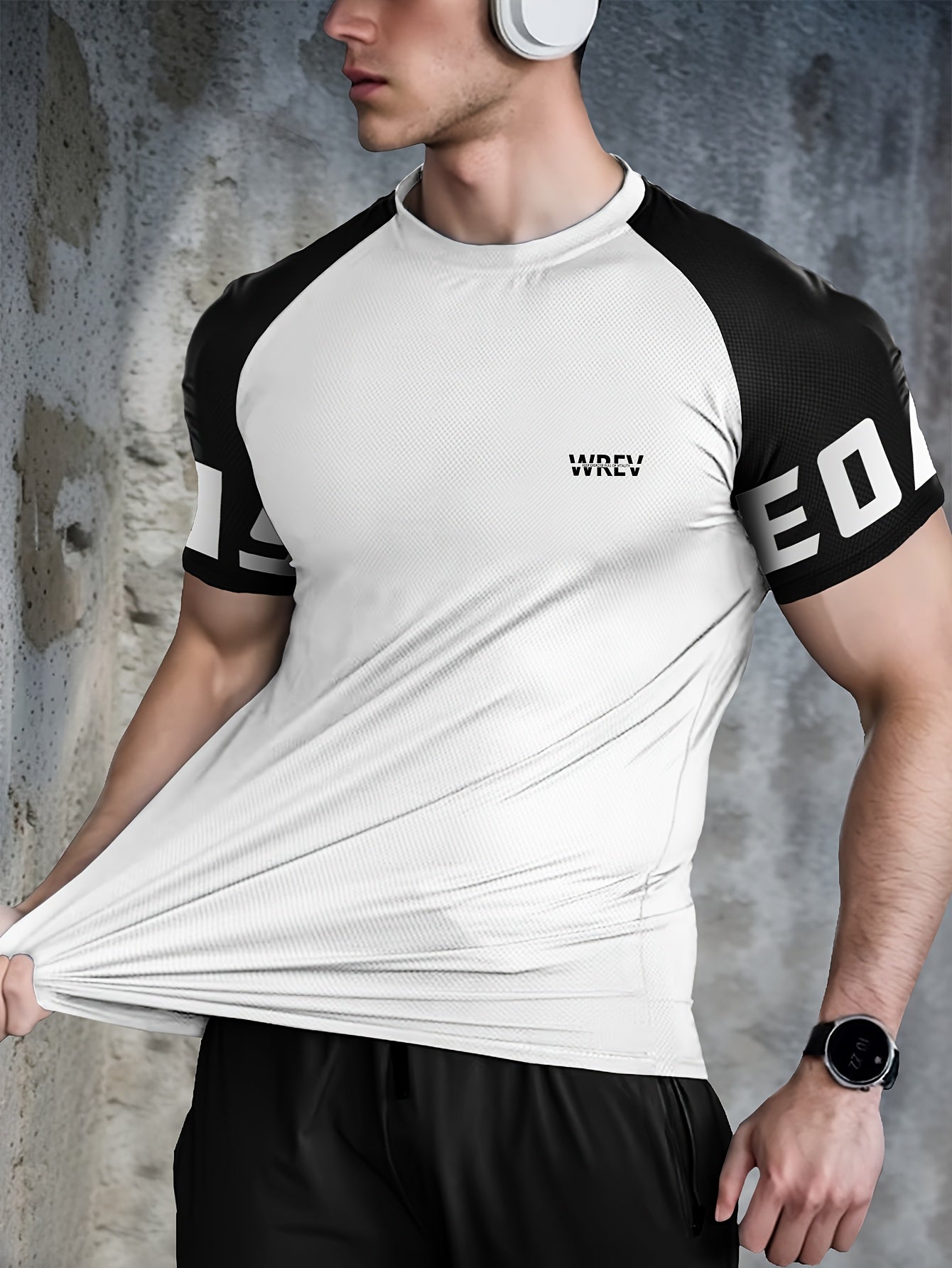 Men's Quick-Dry Breathable Mesh Sports T-Shirt - Summer Gym Workout Top with Contrast Black & White Sleeves & for Man Letter Print, Slim Fit for Running Training Casual Wear, Breathable Running Gear | Sporty Casual Tee | Mesh
