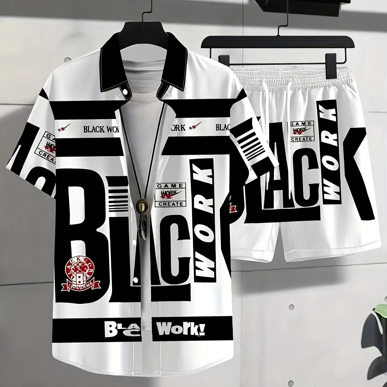 2pcs Men's casual departure 3D digital printed shirt set, printed collar shirt and shorts set, with slight elasticity and button details