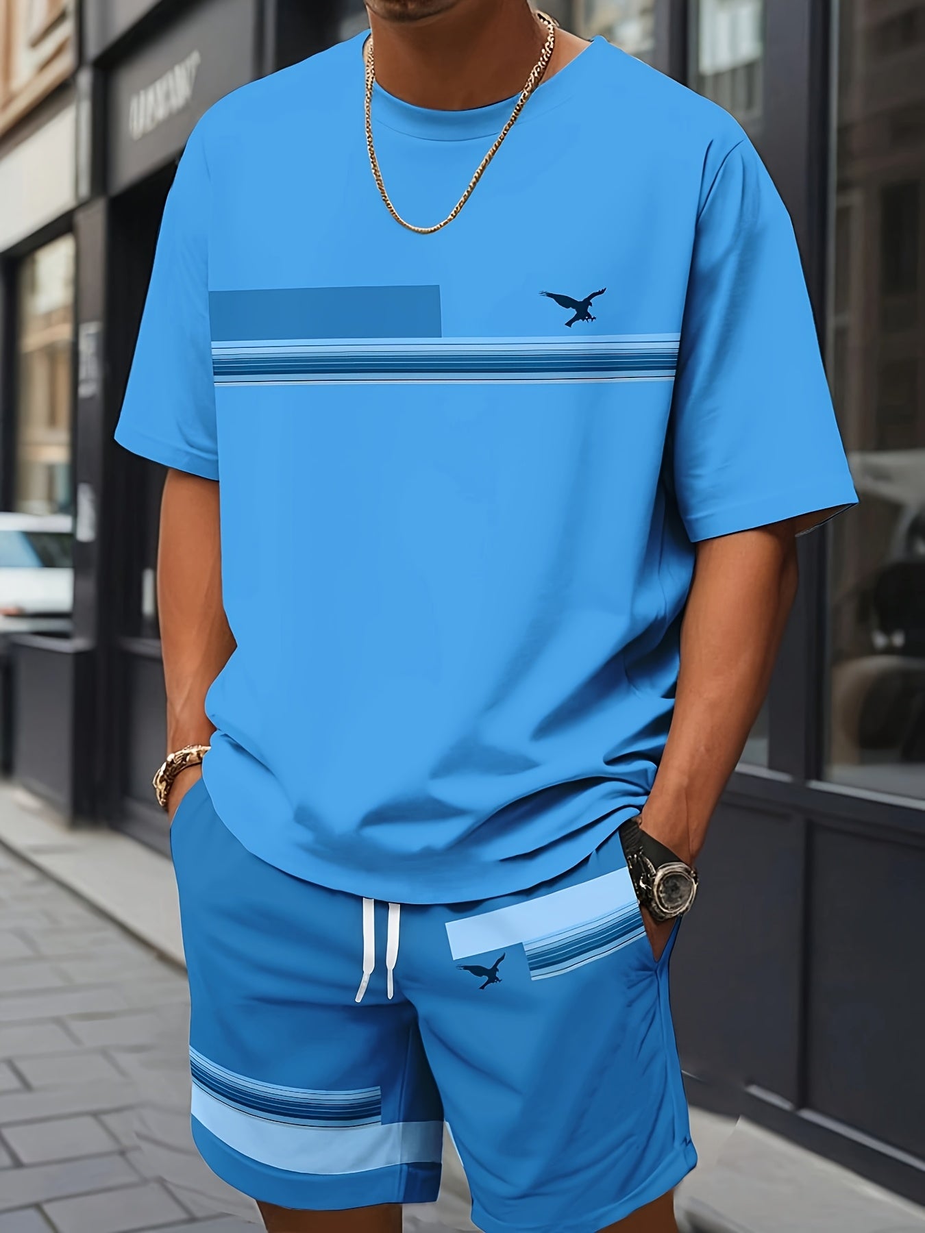 Men'S Casual Summer Two-Piece Athletic Wear Set - Light Blue T-Shirt with Green & White Stripes, Matching Shorts, Perfect for Daily Leisure, Vacation, and Sports, Casual Sportswear | Relaxed Fit Shorts | Stretchable Fabric