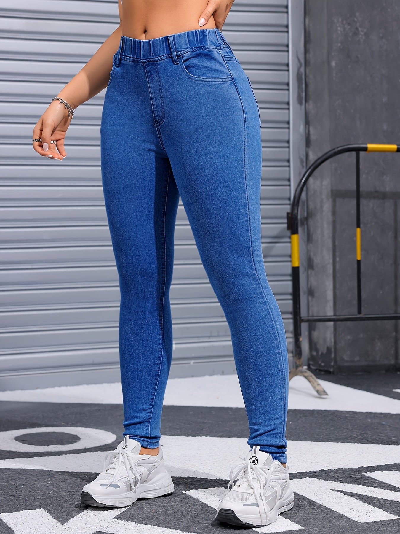 Women's High Stretch Skinny Jeans, Casual Solid Color Washed Denim, with Polyester and Elastane Blend, for All-Season Wear