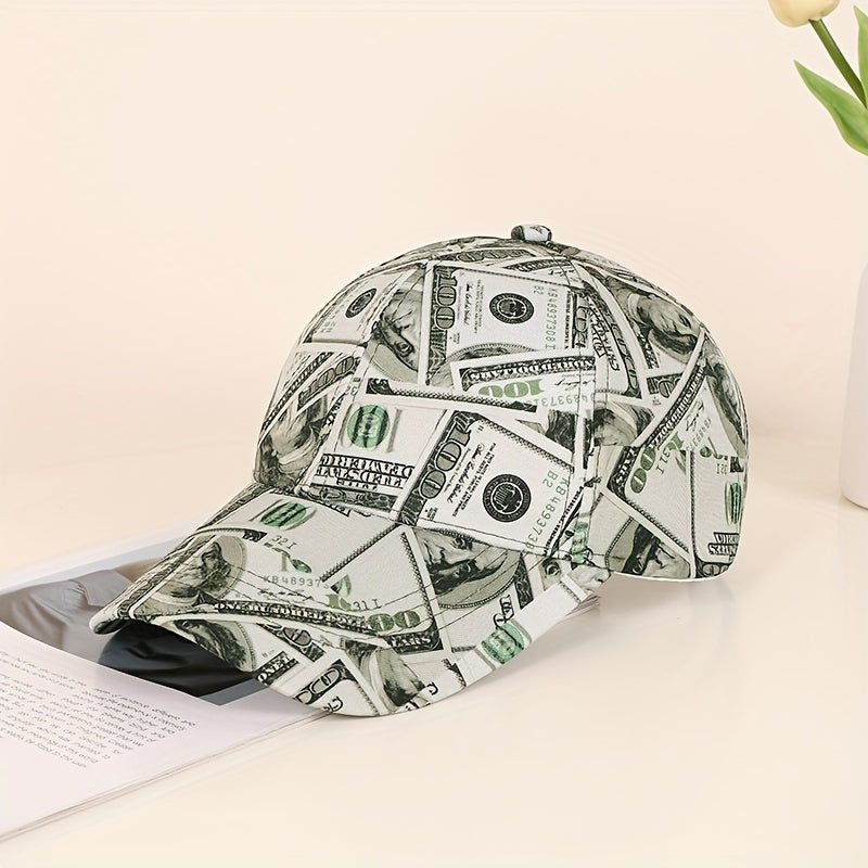 Funky Money Print Baseball Cap 100% Polyester Lightweight Adjustable Hip-Hop Hat Unisex for Music Festivals