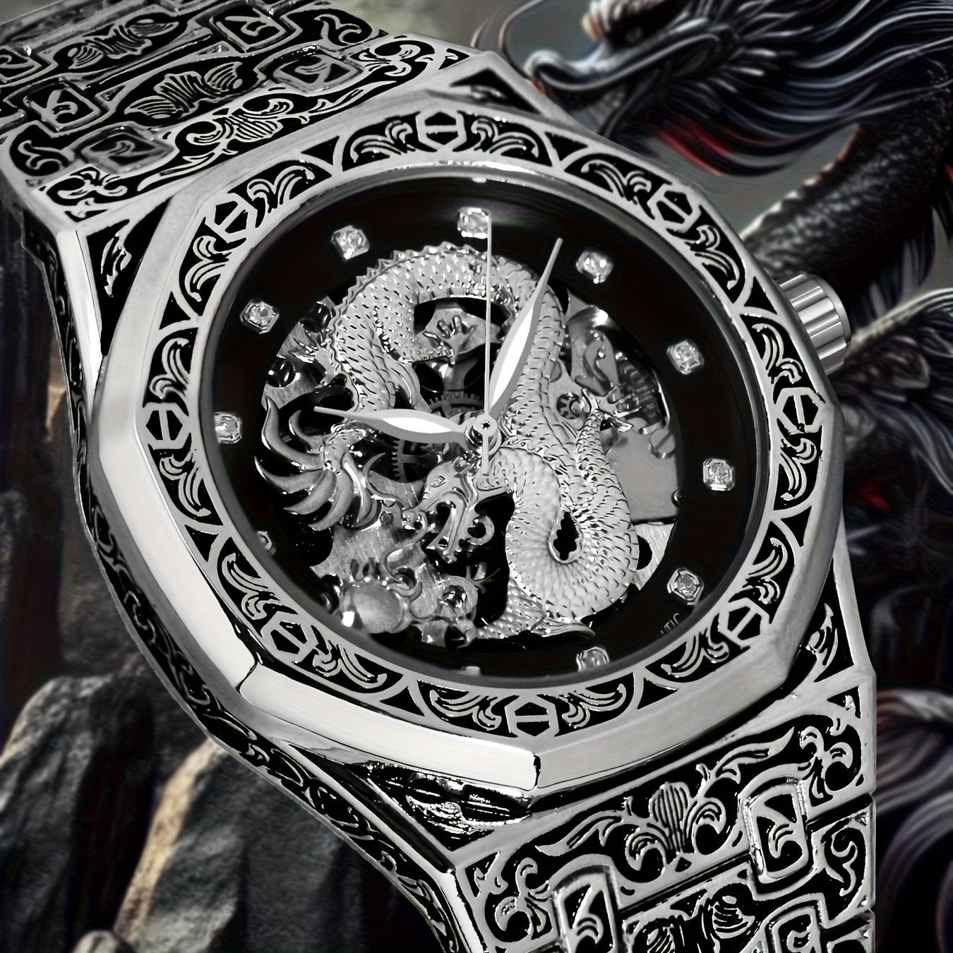 1pc Youth Men's Yellow Steel Strap Business Style Elegant Glow-in-the-Dark Carved Dragon Mechanical Watch