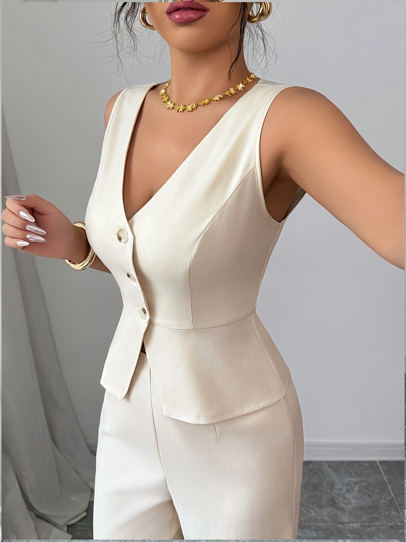 Elegant Sleeveless Vest and Pants Set for Women, Business Casual Style, Perfect for Summer