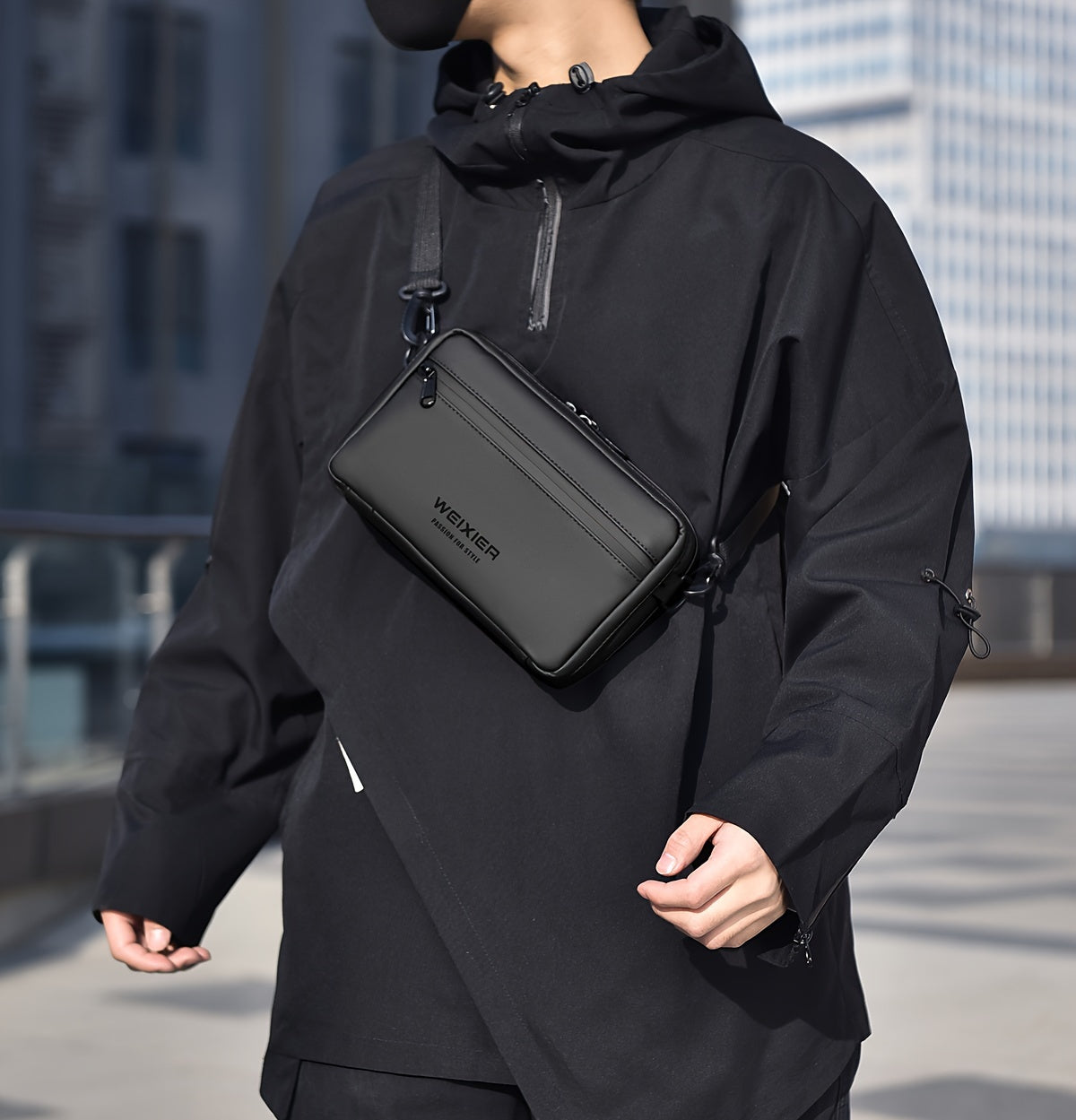 WEIXIER Men's Casual Nylon Handbag - Large Capacity with Adjustable Wrist Strap, Sleek Black for Daily Use, Valentine's Day Gift for Him, Outdoor Bag | Casual Style | Nylon Material